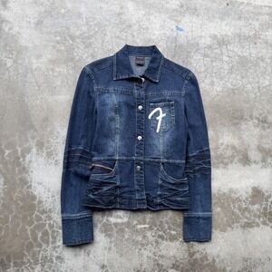 Vintage FUBU Denim Jacket Womens Small Blue Logo Hip Hop Streetwear 90s Y2K